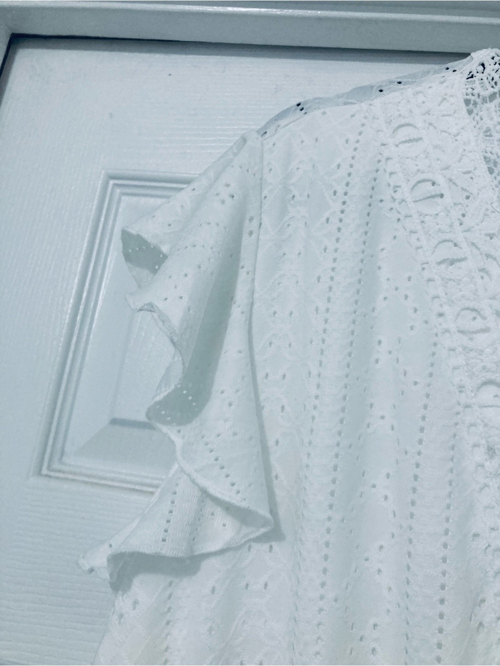 Women’s White Eyelet Midi Dress with Ruffle Sleeves - Picture 5 of 11